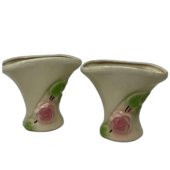 Pair 2 Vintage Norcrest Rose Floral Cream & Pink Miniature Wall Pockets Planter - Picture 1 of 10